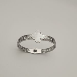 Silver Tone Clover Bracelet | Pearl White Inlay | Minimalist Statement Jewelry